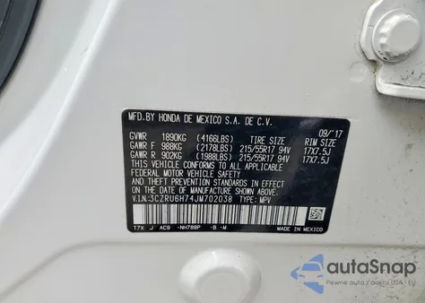 2018 Honda Hr-V Exl z USA, uszkodzony, nr VIN 3CZRU6H74JM702038